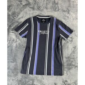 Y2K Hollister California Striped T-Shirt Navy Purple White‎ Beach Cotton Size M